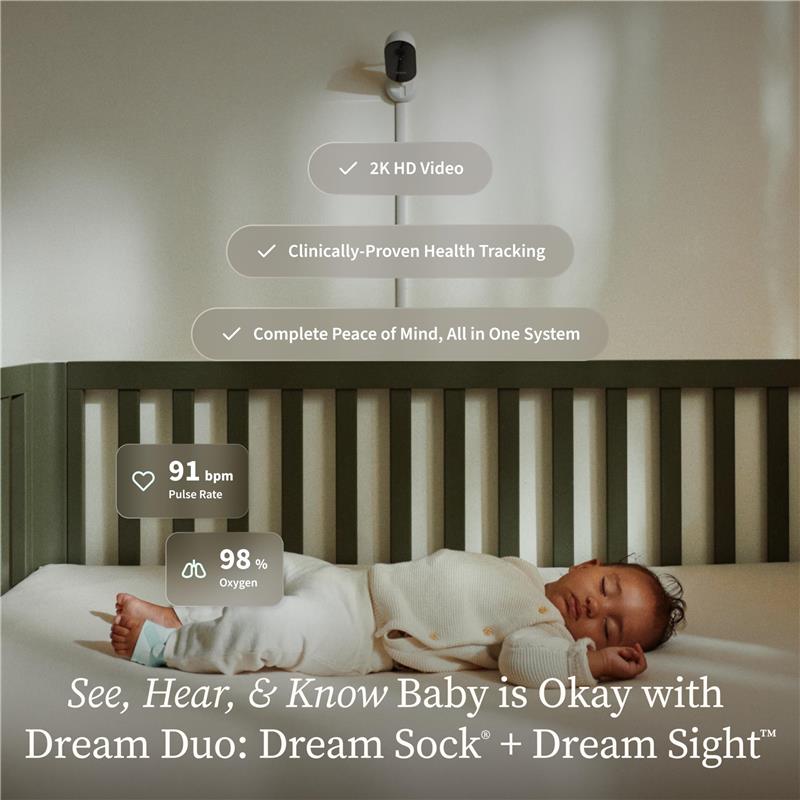 Owlet Dream Duo™ 3 Baby Monitor in Bedtime Blue, featuring a sleeping baby in a crib, health metrics display, and monitoring camera.