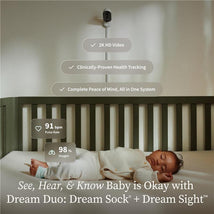 Owlet Dream Duo™ 3 Baby Monitor in Bedtime Blue, featuring a sleeping baby in a crib, health metrics display, and monitoring camera.