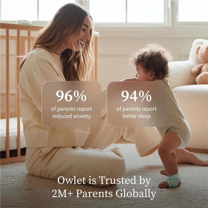 A mother in a cream outfit smiles at her toddler, displaying statistics on anxiety and sleep improvement related to the Owlet Dream Duo™ Baby Monitor.