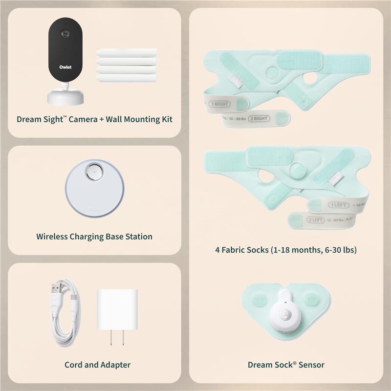 Owlet Dream Duo™ 3 Baby Monitor in Bedtime Blue, including a camera, charging station, four fabric socks, and a sensor.