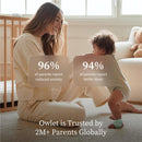 Owlet Dream Duo™ 3 Baby Monitor in Dusty Rose; mother playing with child, showcasing statistics on parent satisfaction.
