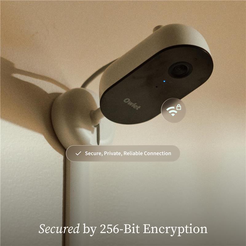 Owlet Dream Duo™ 3 Baby Monitor in mint color mounted on a wall, displaying features for secure and private connection.
