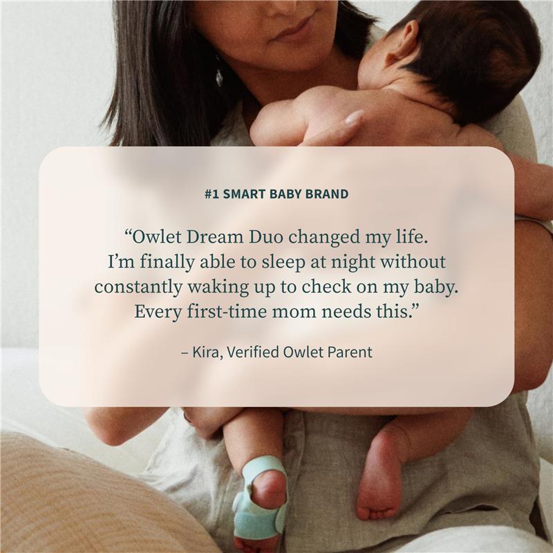 Owlet Dream Duo 3 Baby Monitor Mint featured with a parent holding a baby, highlighting a customer testimonial for new parents.