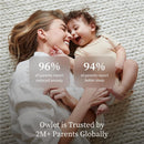 Mother and baby share a joyful moment on a textured surface, with text highlighting Owlet’s parent satisfaction statistics.