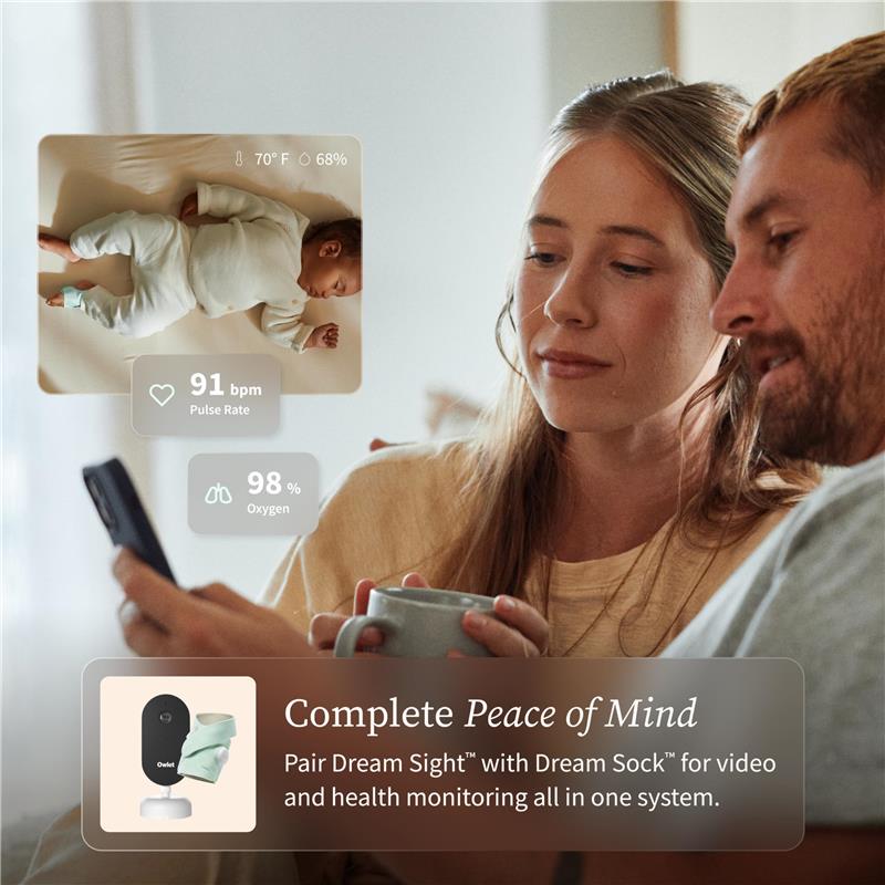 Owlet Dream Sight Smart HD Video Baby Monitor displays a sleeping baby, with health stats shown for pulse rate and oxygen level.