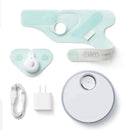 Mint-colored Owlet Dream Sock Monitor components including sensor, sock patches, charger, and USB cable.