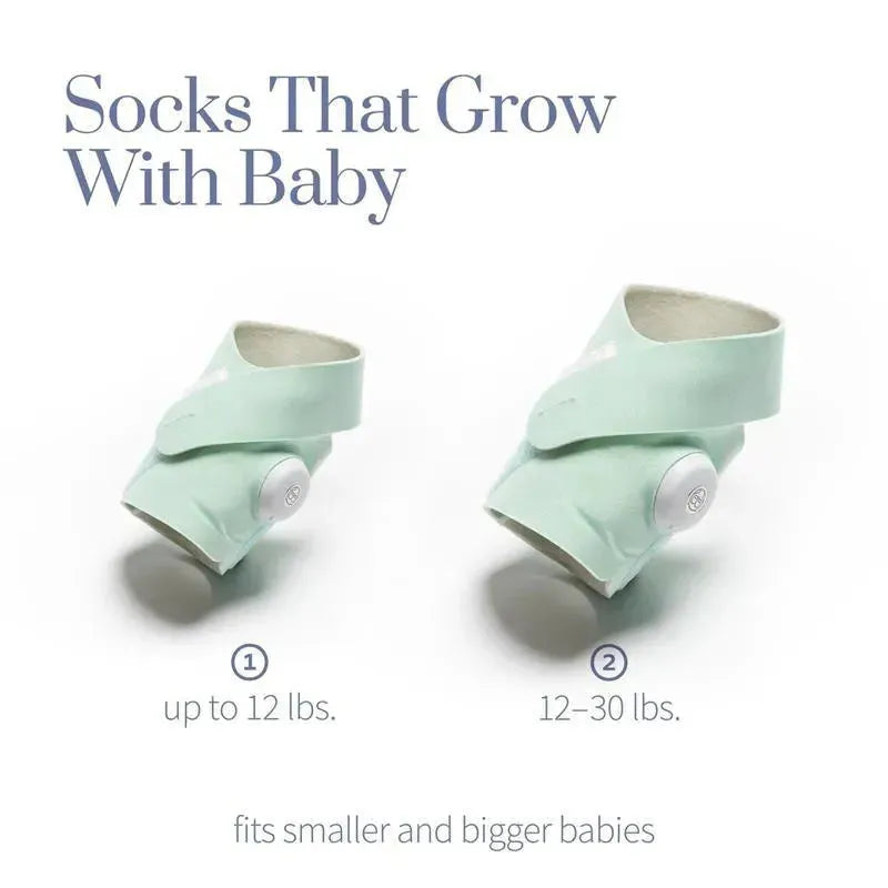 Mint-colored baby socks designed to monitor growth, fitting infants from 12 to 30 lbs., with adjustable features.