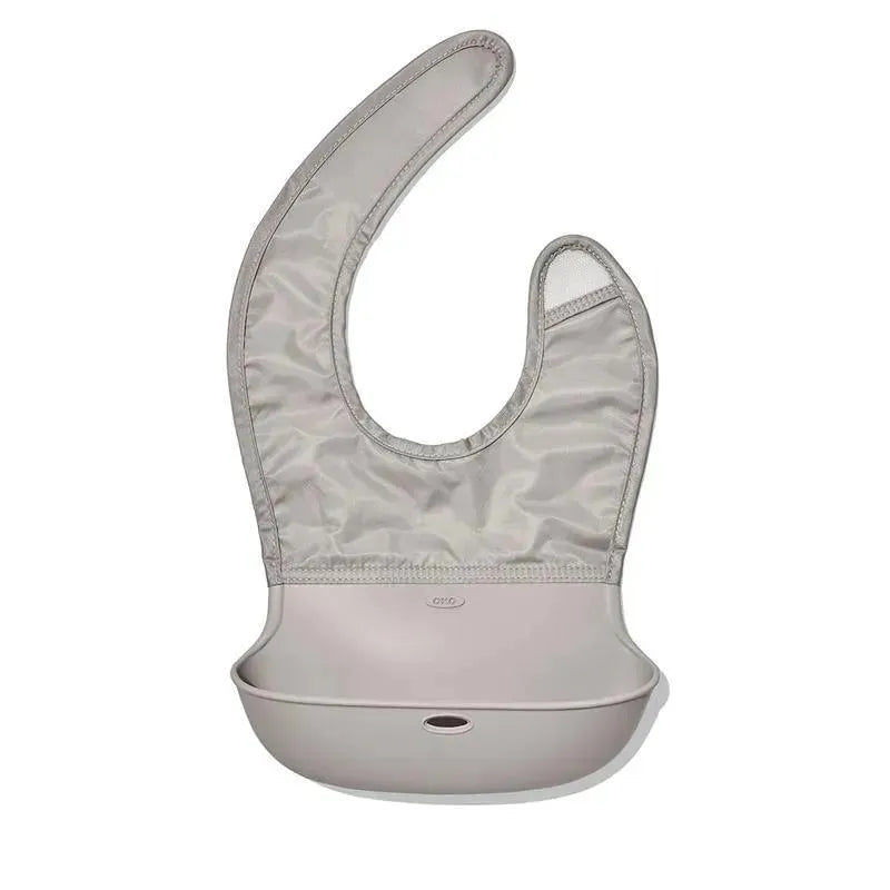 2-pack of Oxo roll-up bibs in dusk and drizzle colors with a soft, flexible design and catch-all pocket.