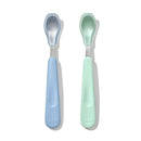 Feeding spoon set featuring two soft silicone spoons in opal and dusk colors, designed for comfortable feeding.