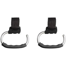 Oxo 2Pk Tot Handy Stroller Hooks in grey, featuring sturdy metal hooks with textured black grips and adjustable straps.