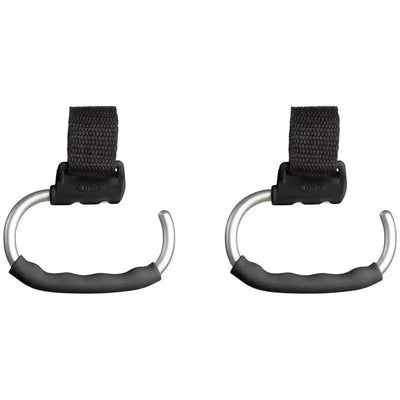 Oxo 2Pk Tot Handy Stroller Hooks in grey, featuring sturdy metal hooks with textured black grips and adjustable straps.