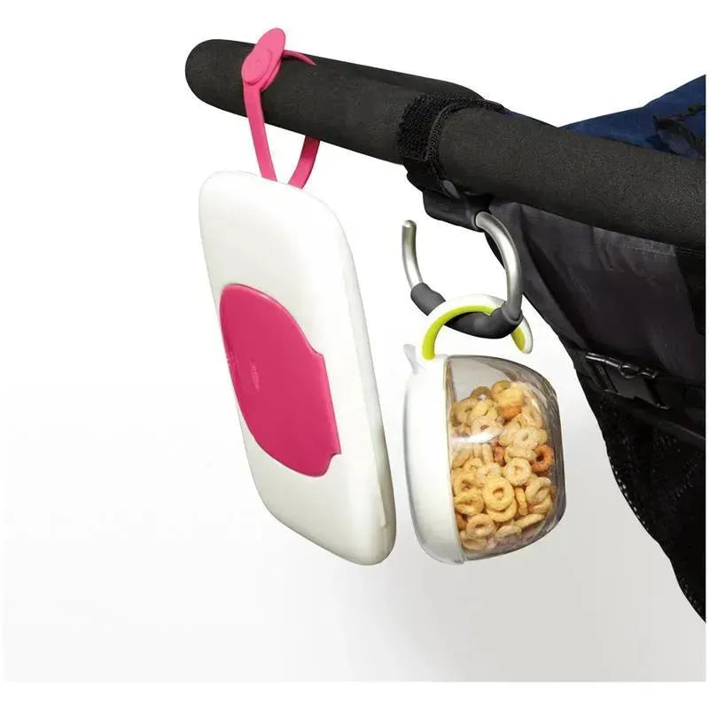 Oxo 2Pk Tot Handy Stroller Hook in grey, featuring a snack container and a smooth white and pink design.