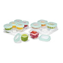 Oxo Tot 12-piece baby food storage container set in opal, featuring colorful food inside clear, stackable containers with lids.