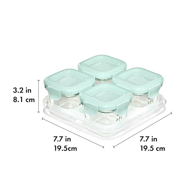 Oxo Tot Glass Baby Blocks Food Storage Containers, 4 oz, with lids, dimensions labeled in inches and centimeters.