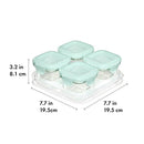 Oxo Tot Glass Baby Blocks Food Storage Containers, 4 oz, with lids, dimensions labeled in inches and centimeters.