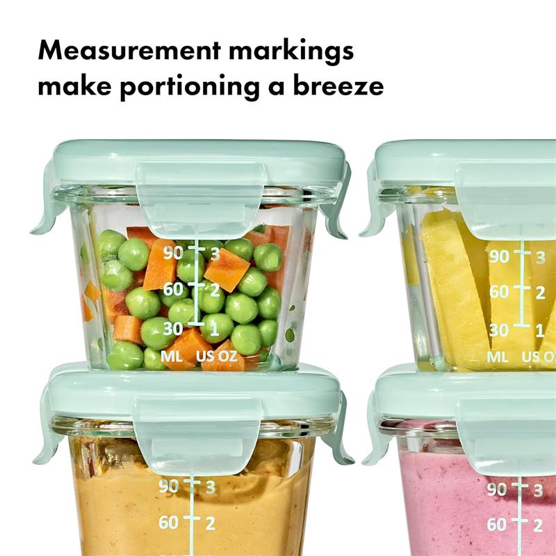 Oxo Tot Glass Baby Blocks with colorful food inside, featuring measurement markings for easy portioning.