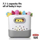 Gray bath toy storage container filled with colorful baby toys, featuring a 7.1 L capacity for easy organization.