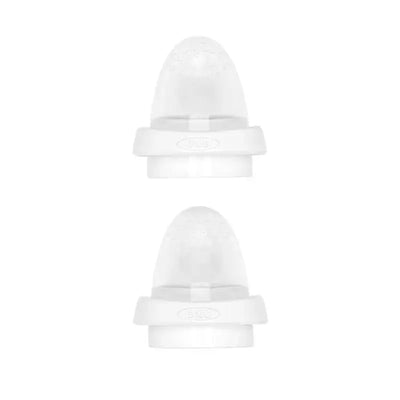 Silicone feeder replacements in a 2-pack, featuring clear tops and sturdy white bases.