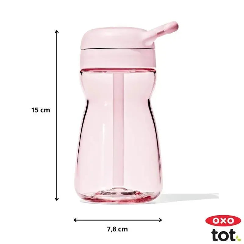 Oxo Tot Adventure Water Bottle in Blossom color, featuring a straw, with dimensions 15 cm tall and 7.8 cm wide.