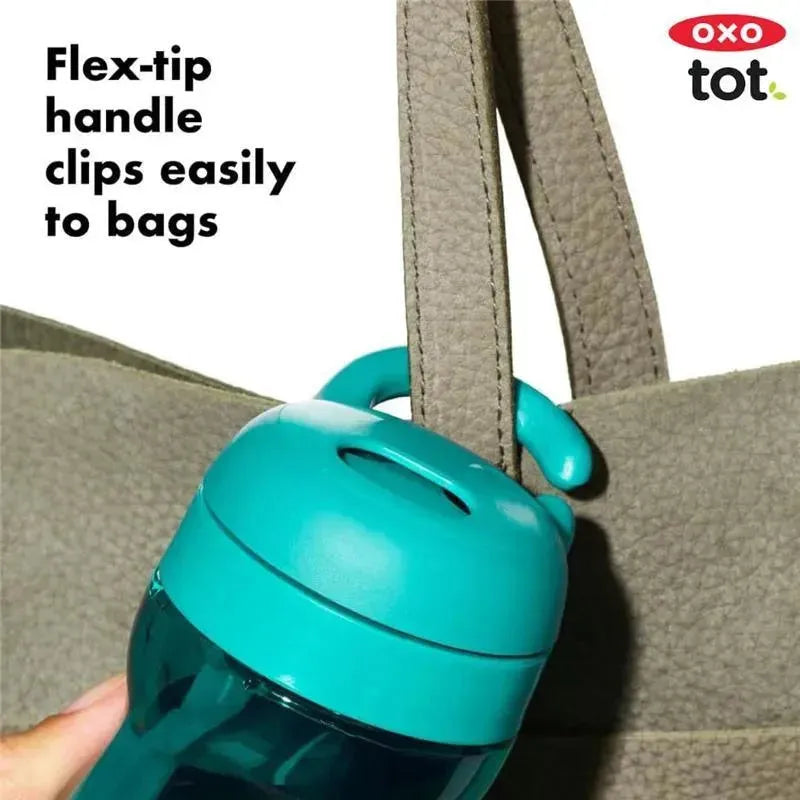 Oxo Tot Adventure Water Bottle in dusk color, featuring a flex-tip handle for easy attachment to bags.