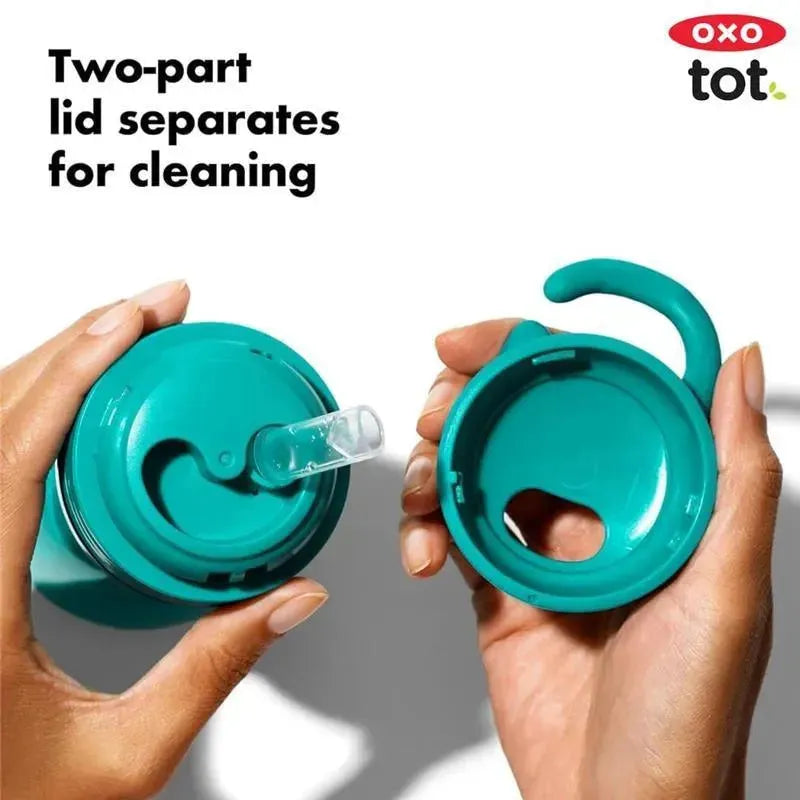 Oxo Tot Adventure Water Bottle in Dusk showing two-part lid design for easy cleaning, held in hands.