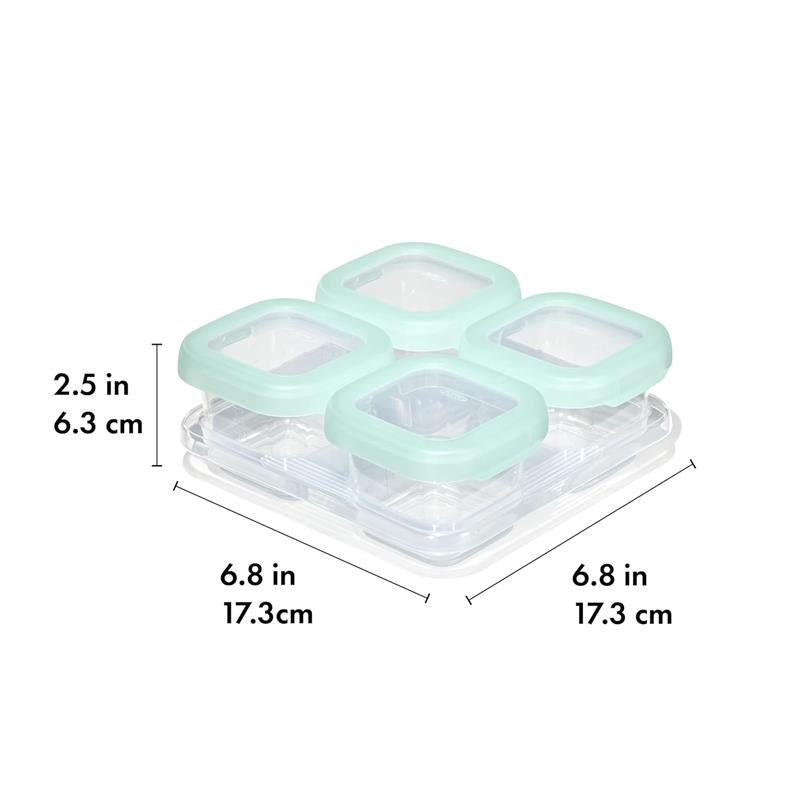 Oxo - Tot Baby Blocks Food Storage Container set with four 4 oz containers featuring mint green lids and measuring dimensions.