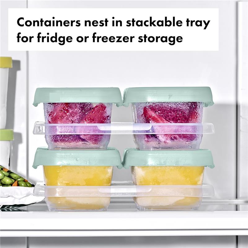 Oxo Tot Baby Blocks Food Storage Container set in a stackable tray, with colorful frozen purees visible inside each container.