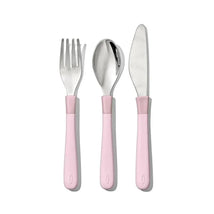 Oxo Tot Cutlery set for big kids in Blossom color, featuring a fork, spoon, and knife with pink handles.