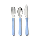 Oxo Tot cutlery set for children features a fork, spoon, and knife with ergonomic blue handles.