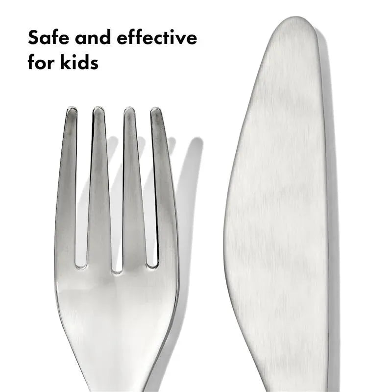 Cutlery set for big kids featuring a stainless steel fork with four tines and a knife, promoting safety and effectiveness.