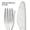 Cutlery set for big kids featuring a stainless steel fork with four tines and a knife, promoting safety and effectiveness.