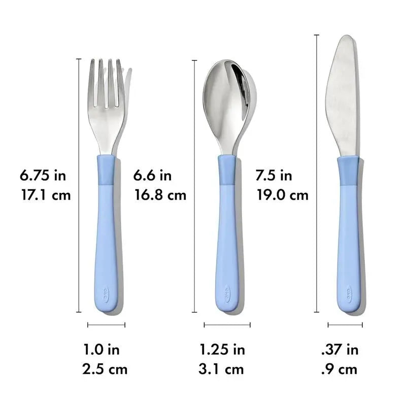 Cutlery set for big kids, including a fork, spoon, and knife with blue handles, dimensions labeled.