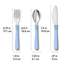 Cutlery set for big kids, including a fork, spoon, and knife with blue handles, dimensions labeled.