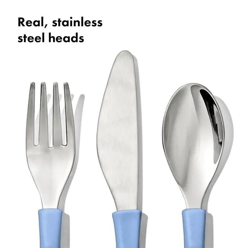 Cutlery set for kids featuring a stainless steel fork, knife, and spoon with blue handles.