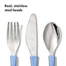 Cutlery set for kids featuring a stainless steel fork, knife, and spoon with blue handles.