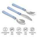 Cutlery set for kids in dusk blue, including a spoon, fork, and knife made of stainless steel, dishwasher safe, and BPA free.