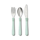 Cutlery set for big kids, featuring a fork, spoon, and knife with mint green handles and stainless steel heads.