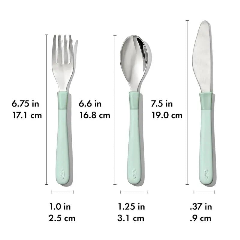 Oxo Tot Cutlery set for big kids in opal, featuring a fork, spoon, and knife with soft-touch handles and sizes indicated.