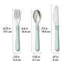 Oxo Tot Cutlery set for big kids in opal, featuring a fork, spoon, and knife with soft-touch handles and sizes indicated.