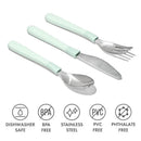 Oxo - Tot Cutlery set for big kids, including a spoon, fork, and knife with mint green handles, features dishwasher safe and BPA-free materials.