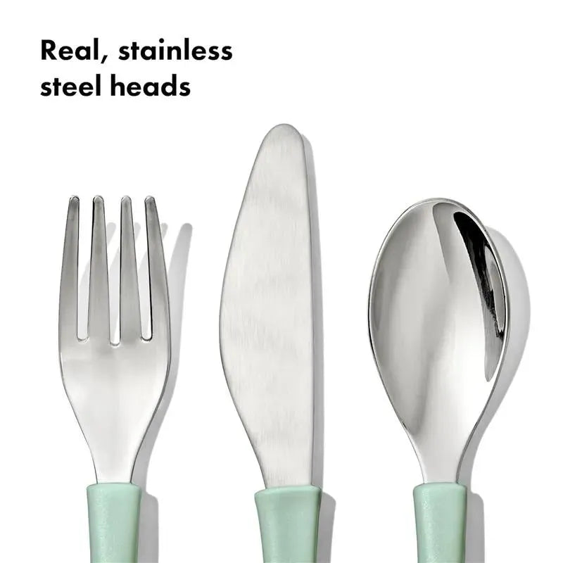 Oxo - Tot Cutlery for Big Kids in Opal featuring a fork, knife, and spoon with stainless steel heads and mint green handles.
