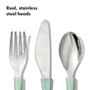 Oxo - Tot Cutlery for Big Kids in Opal featuring a fork, knife, and spoon with stainless steel heads and mint green handles.