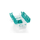 Oxo Tot Dishwasher Basket in teal and white, designed to hold bottle parts and accessories for cleaning.