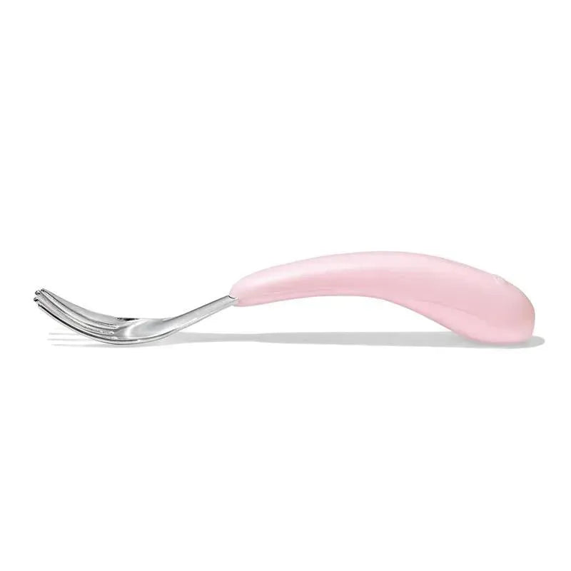 OXO Tot Fork with a pink handle and stainless steel prongs, designed for toddler use.