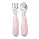 OXO Tot On-The-Go Fork and Spoon Set in Blossom, featuring stainless steel heads and soft pink handles.
