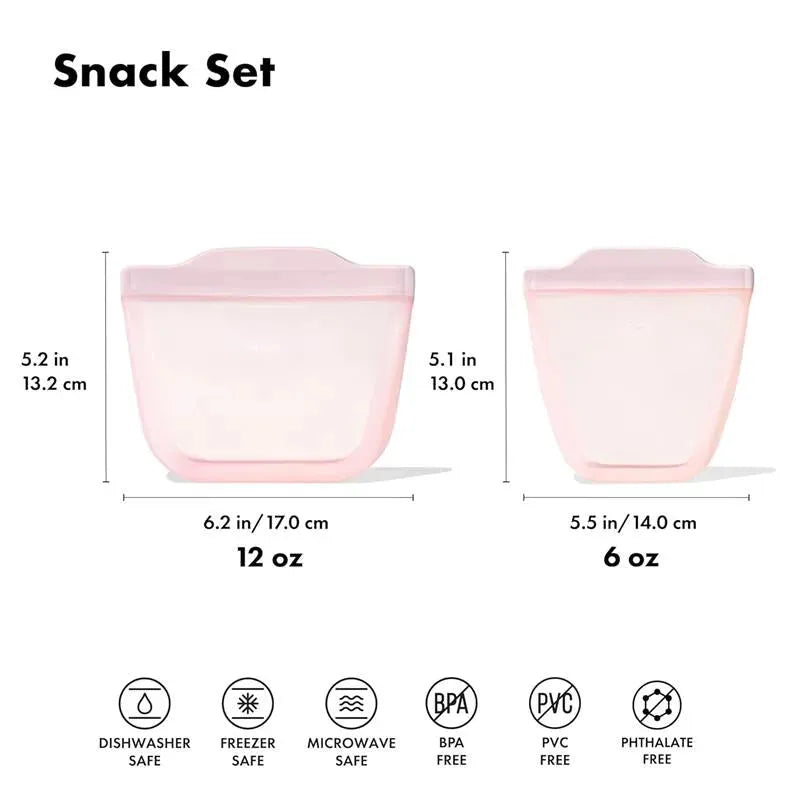 Silicone reusable bags in opal color; includes two sizes: 12 oz (6.2 in) and 6 oz (5.5 in). Dishwasher, freezer, and microwave safe.