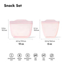 Silicone reusable bags in opal color; includes two sizes: 12 oz (6.2 in) and 6 oz (5.5 in). Dishwasher, freezer, and microwave safe.