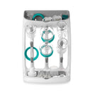 OXO Tot Space Saving Drying Rack in gray, featuring compartments for drying baby bottles, lids, and accessories.