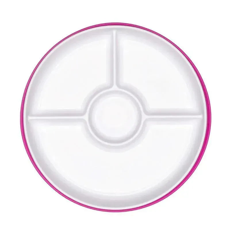 Divided plate with a pink rim and multiple sections for serving food, designed for toddlers.