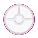 Divided plate with a pink rim and multiple sections for serving food, designed for toddlers.